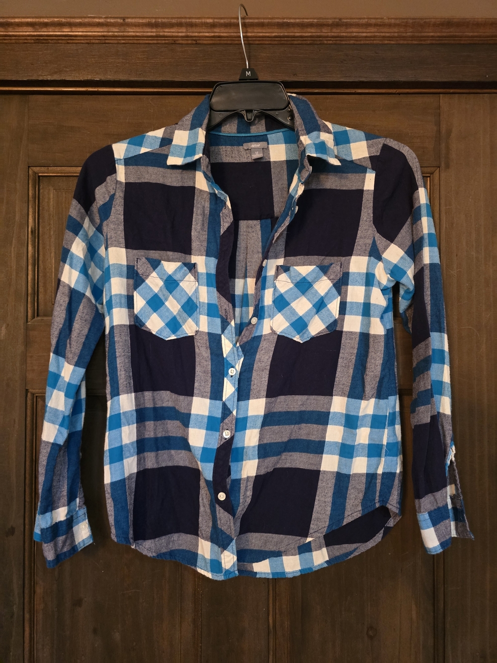 O aerie Blue Navy White Plaid Button-Down Light Flannel Shirt